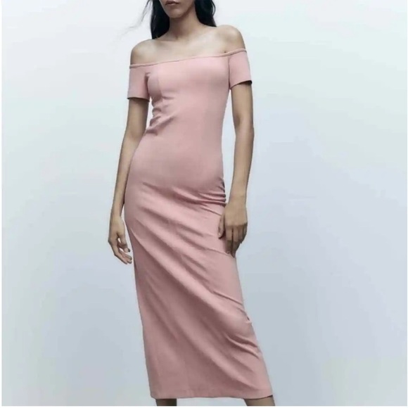 ZARA Off Shoulder TOPSTITCHED MIDI DRESS PALE PINK - Picture 13 of 13